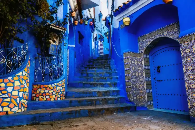 Scenic View of Chefchaouen's Iconic Blue Street Architecture.