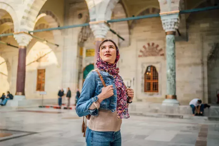 Woman in the courtyard of the Suleymaniye Mosque, Istanbul