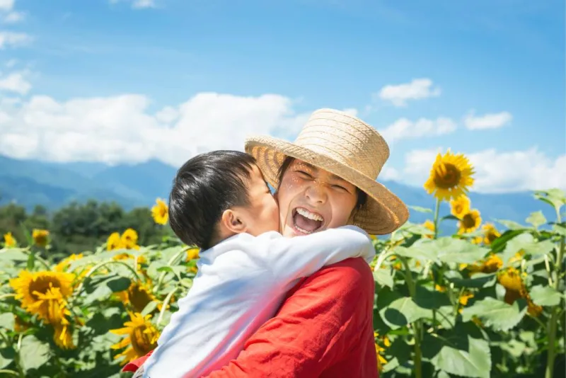Una madre porta suo figlio davanti a campi di girasoli