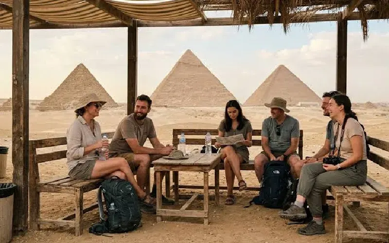 Famille souriante devant les pyramides de Gizeh lors d’un voyage en Égypte