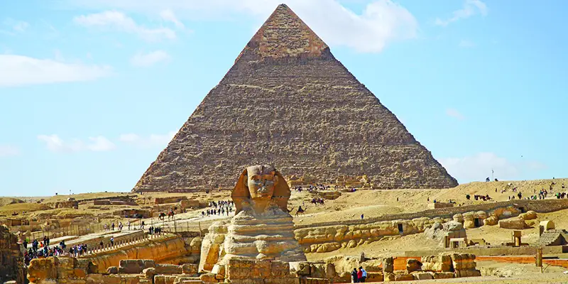 Great Sphinx of Giza and the Pyramid of Khafre at the Giza Pyramid Complex in Cairo, Egypt