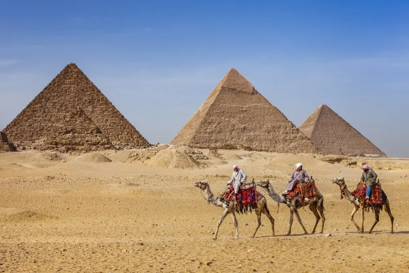Bedouins ridding camels in front of the Pyramids of Giza, Giza Pyramids