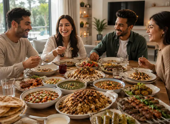 Amigos compartiendo unos platos egipcios