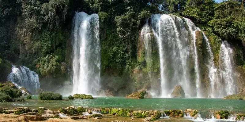 Cataratas Ban Gioc-Detian en la frontera entre Vietnam y China en un hermoso día, enmarcadas por un frondoso bosque y aguas cristalinas.