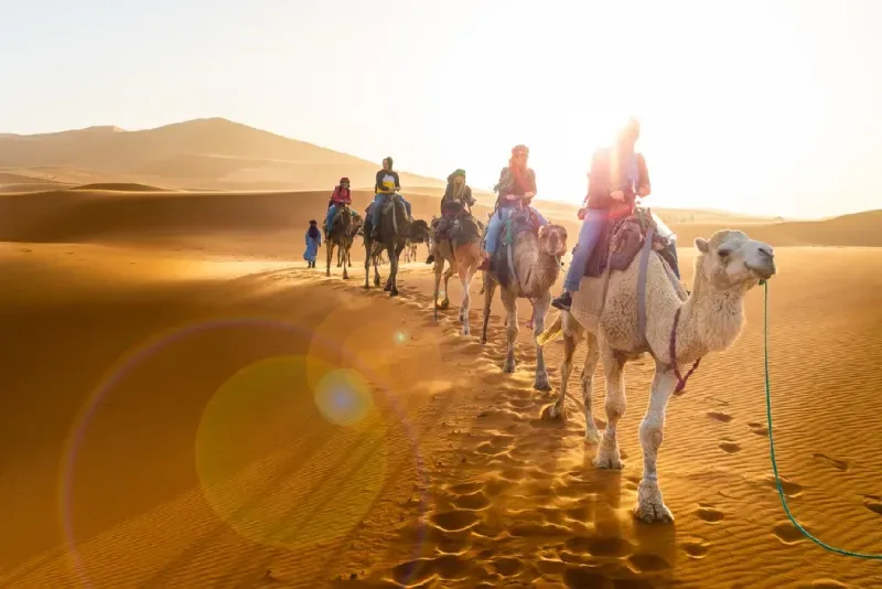 Caravana caminando por el desierto de Merzouga.