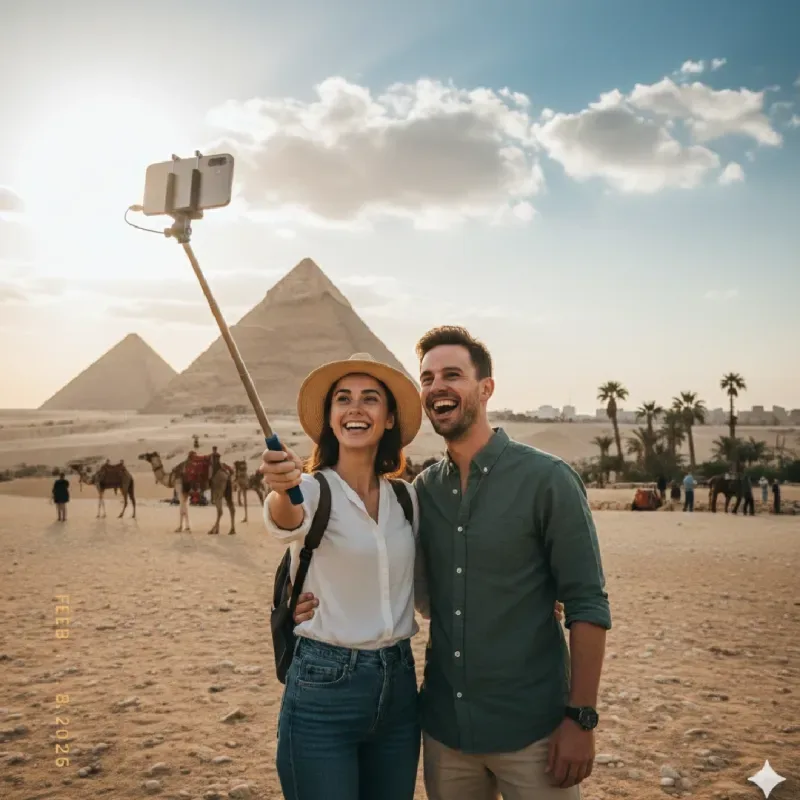 Pareja feliz tomando selfie frente a las pirámides de Giza
