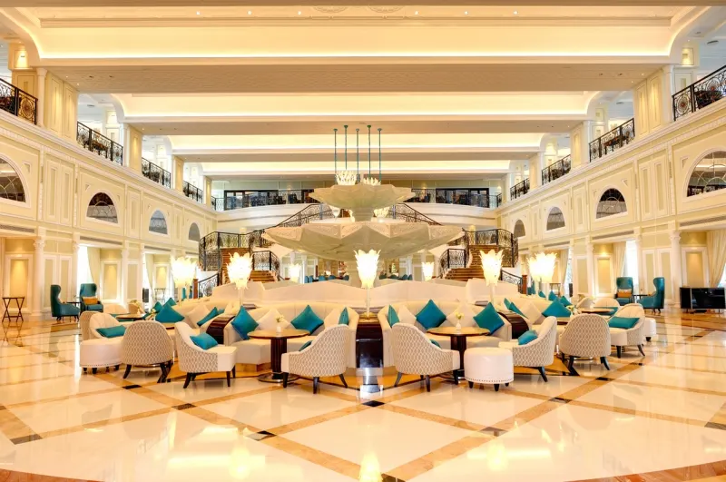 Illuminated lobby interior of a luxurious hotel in Dubai