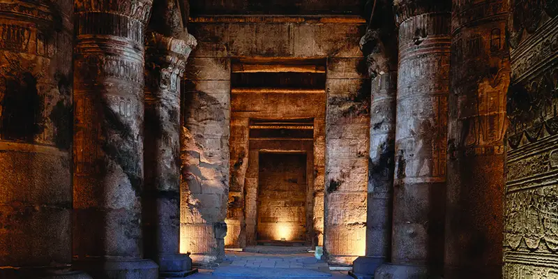 Columns of the Hypostyle Hall at the Temple of Hathor in Dendera, Qena, Egypt. One of the best-preserved temple complexes in Egypt.
