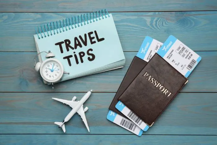 Travel essentials including a passport, boarding passes, airplane model, alarm clock, and a notebook labeled 'Travel Tips' on a wooden table.