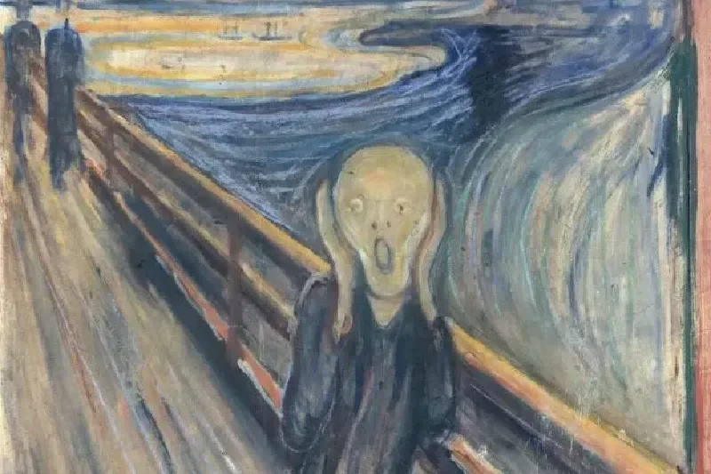 „Der Schrei“ von Edvard Munch (1893), expressionistisches Gemälde einer verzweifelten Figur vor einem blutroten Himmel