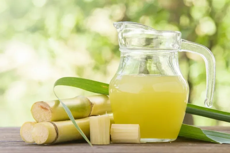 Brocca con succo di canna da zucchero appena spremuto e pezzi di canna tagliati su sfondo naturale.