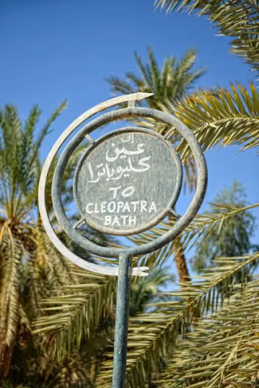 Sign pointing to Cleopatra's Bath in Siwa Oasis, Egypt, surrounded by lush palm trees under a clear blue sky.