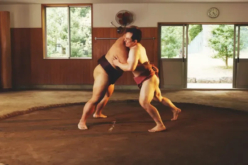 Combate o lucha de sumo con hombres en el dohyō para competición, cultura o torneo japonés