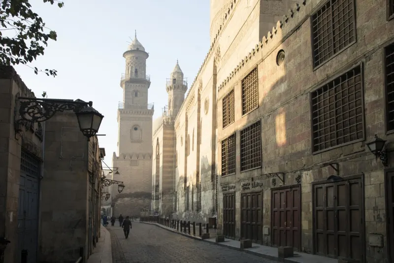 Beautiful view of Al Muizz Street in Islamic Cairo, Al Aqmar Mosque Cairo
