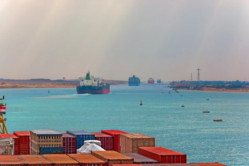 container ship passing through Suez Canal, Egypt ports