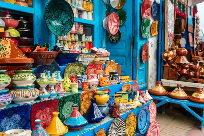 Colorful crockery at moroccan shop