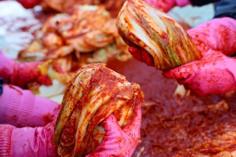 Kimchi, fermentiertes koreanisches Gemüse, meist Chinakohl und Rettich, gewürzt mit Chili, Knoblauch und Ingwer.