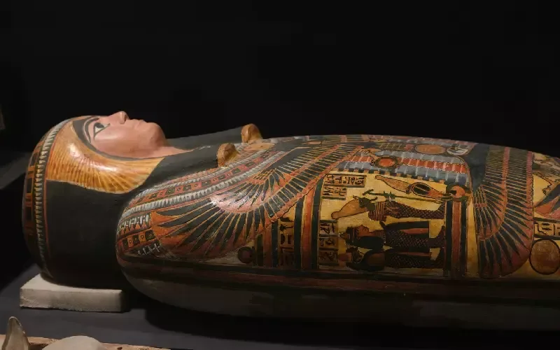 Ancient Egyptian mummy sarcophagus on display at Luxor Museum