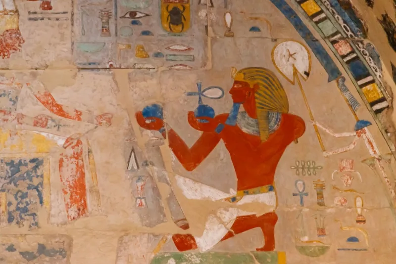 Ancient egyptian painting at the Mortuary Temple of Hatshepsut in Luxor, Valley of the Queens