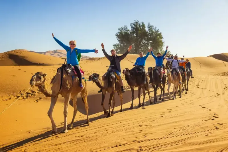 Tourists riding camels in the desert, Merzouga, Erg Chebbi, Sahara, Morocco.