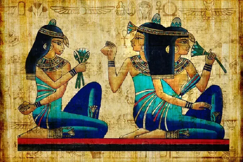 Wunderschön gestalteter ägyptischer Papyrus mit traditionellen Motiven und Darstellungen aus dem Alten Ägypten.