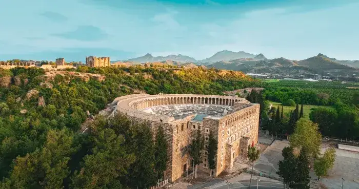 Aerial view of Antalya Aspendos Ancient City amphitheater