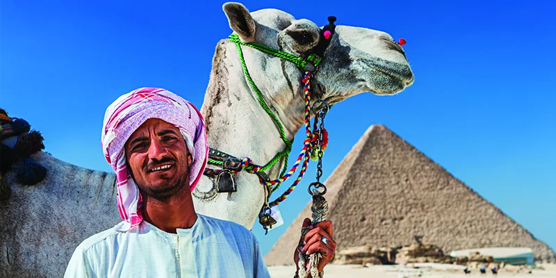 A Bedouin with a camel standing in the desert, with the Pyramids of Giza visible in the background, Egypt.