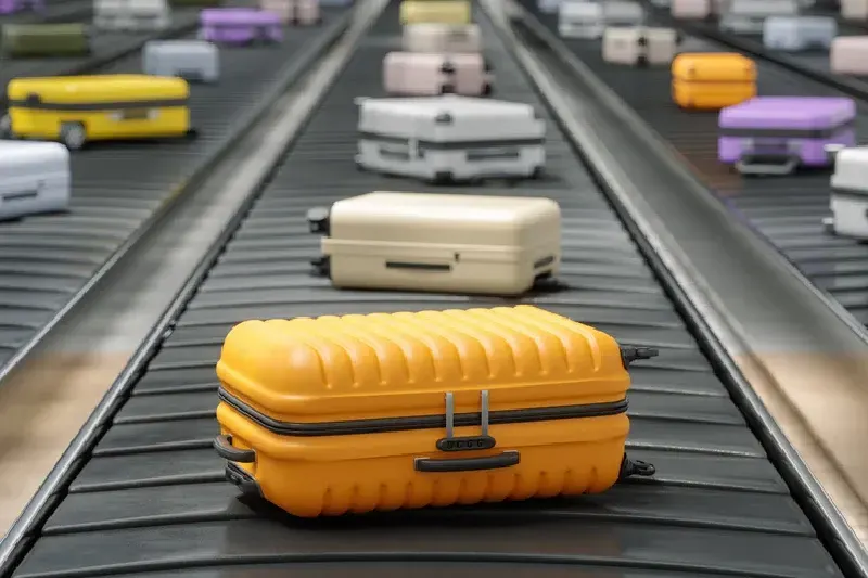 Bunte Koffer auf einem Gepäckband am Flughafen