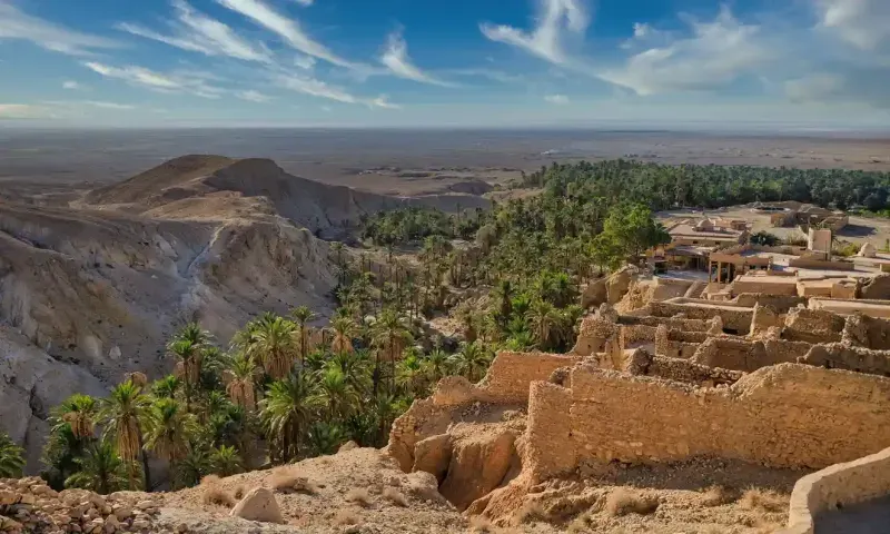 View of Chebika oasis and the abandoned village, Tozeur, Tunisia