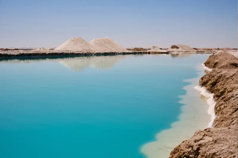 Salzsee in der Siwa-Oase, Ägypten, mit klarem Wasser und weißen Salzrändern inmitten der Wüstenlandschaft