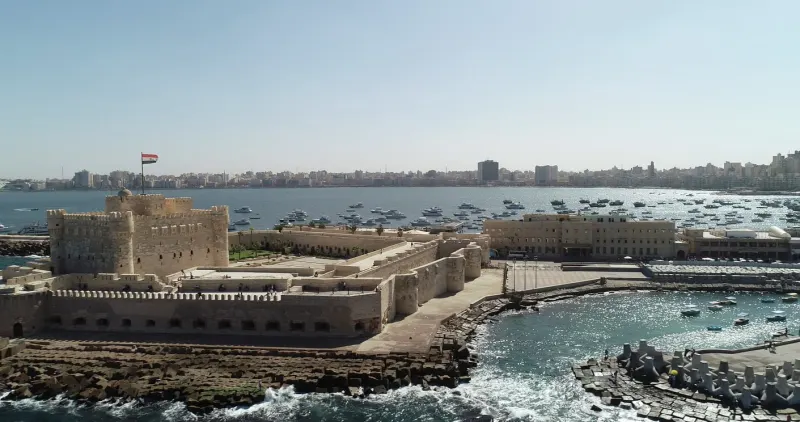Aerial Drone shot over Alexandria city, Alexandria Port Egypt