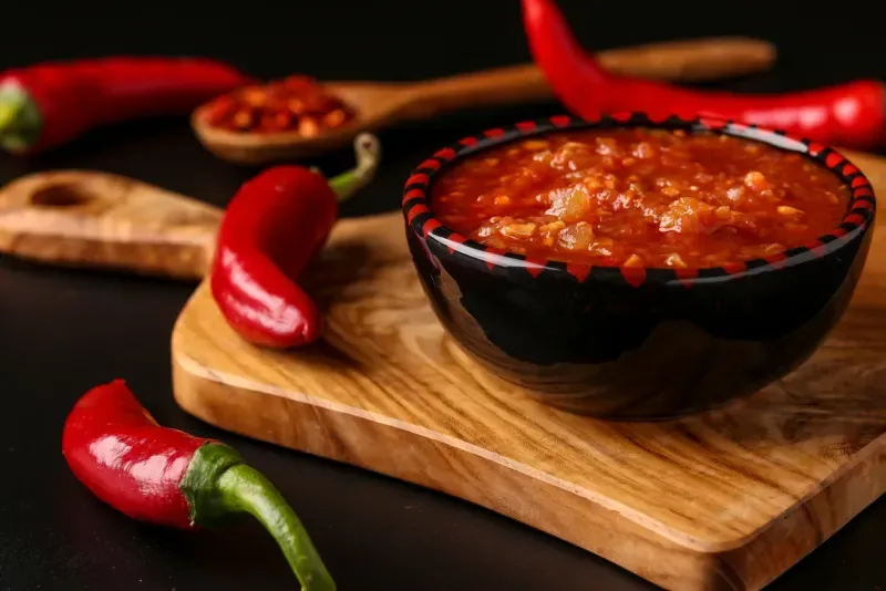 Traditional hot chili pepper sauce paste harissa on dark background, Tunisia and Arabic cuisin