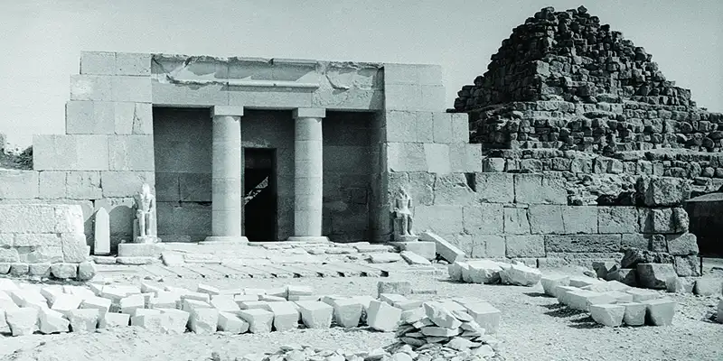 Khufu Temple mortuary complex at Giza, Egypt, part of the Giza pyramid complex, highlighting the ancient structures built to honor Pharaoh Khufu.