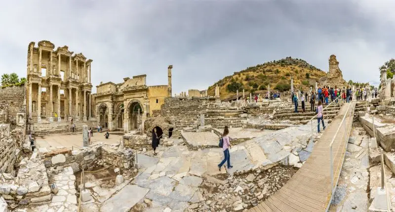 Tourists visit Library of Celsus