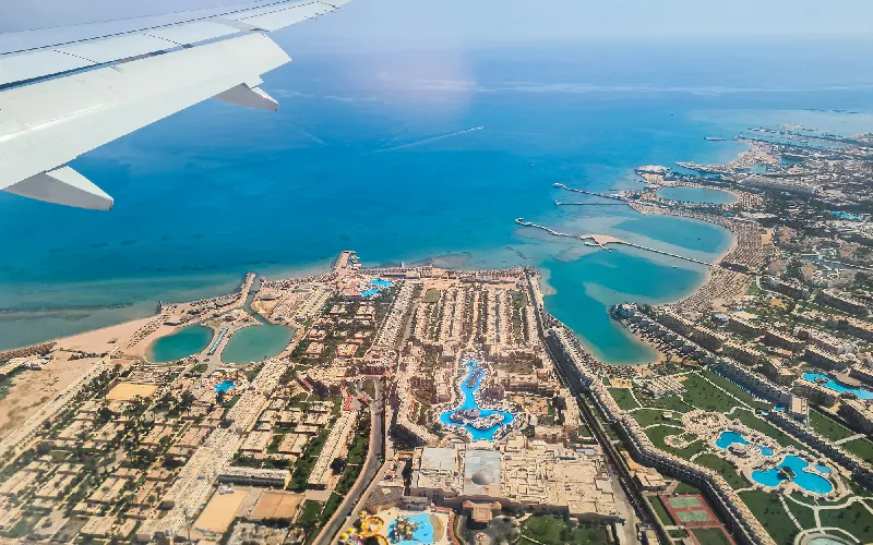 View From The Airplane Window Mid-Air In Hurghada In Egypt
