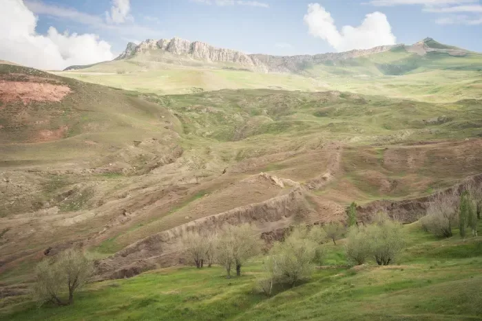 Landscape with cliffs, rocks and green grass in Noah Ark national park in Eastern Turkey 