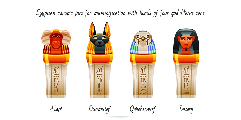 Ancient Egyptian canopic jars icon set featuring the Four Sons of Horus, used in mummification to preserve viscera, designed in 3D vector style inspired by Old Egypt art on a white background.