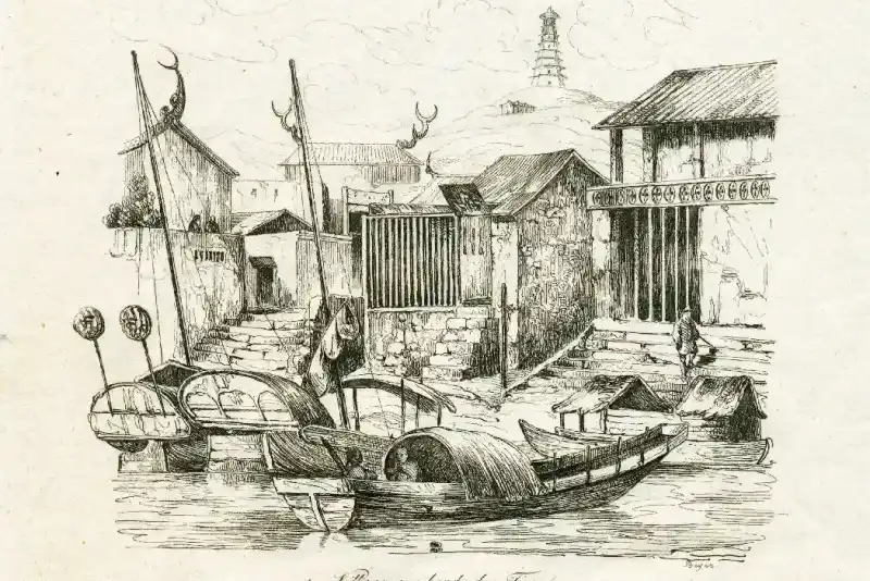 Illustrazione di un villaggio sulle rive del fiume Tigri tratta dal libro dei viaggi di Ibn Battuta