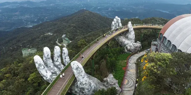 Aerial view of the Golden Bridge in Ba Na hills, Da Nang, Vietnam