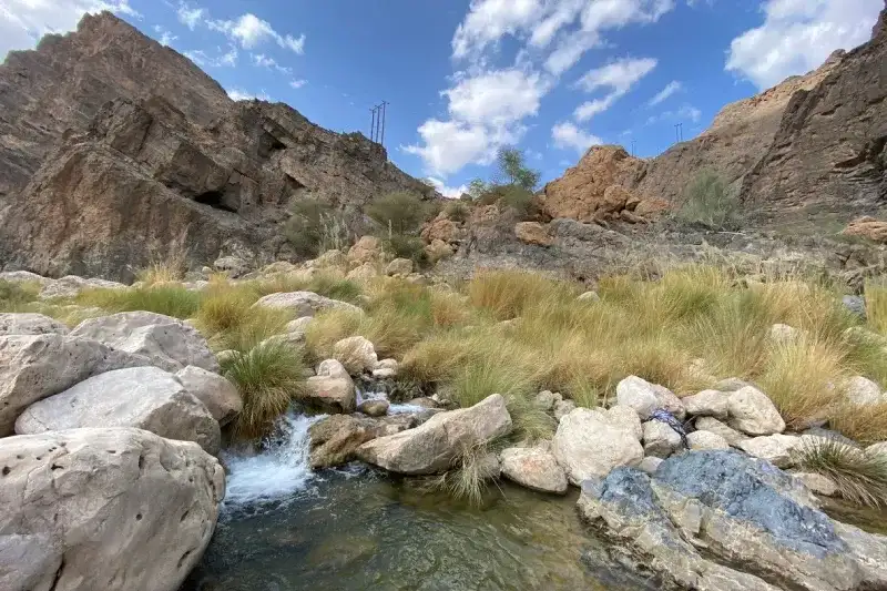 Piccolo corso d'acqua che scorre tra rocce chiare, Wadi Al Arbaeen
