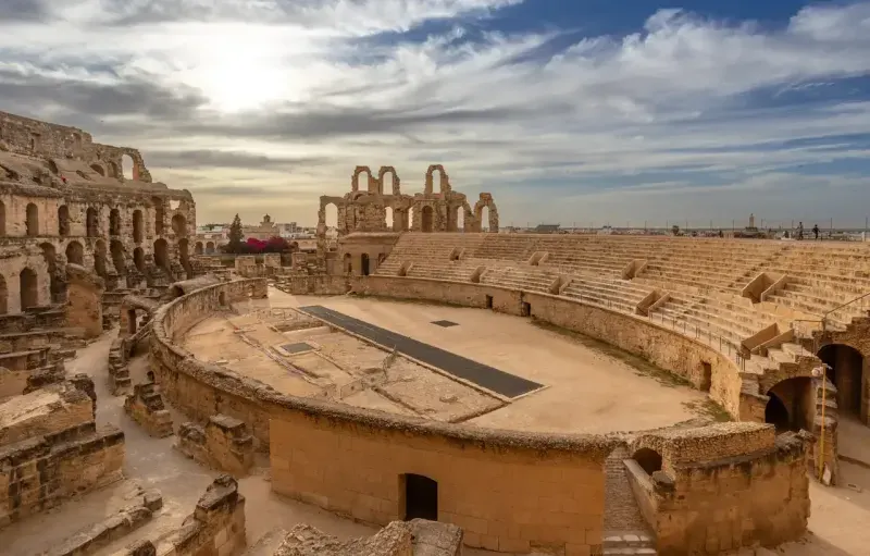 Ancient african Roman Colosseum amphitheatre arena, ruins and columns, El Jem, Mahdia, Tunis 