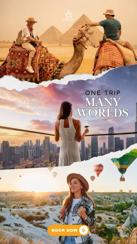 Egypt pyramids, Dubai skyline, and Cappadocia balloons travel collage