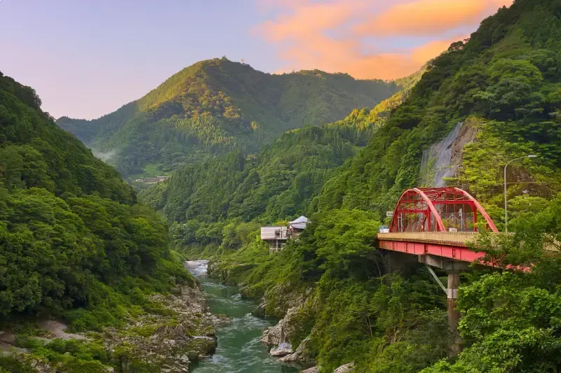 vista-do-vale-de-iya-com-rio-e-montanhas-verdes-e-ponte-vermelha-tokushima-ilha-de-shikoku-japao