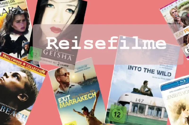 Cover eines Reise-Films mit Bildern von Landschaften, Sehenswürdigkeiten und Reisenden, die Abenteuer, Erkundung und Fernweh symbolisieren.
