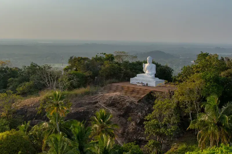 Rainforest with a white Buddha statue at the site of Mihintale