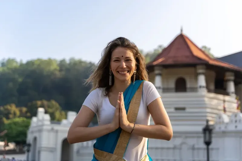 Wearing traditional Sri Lankan saree