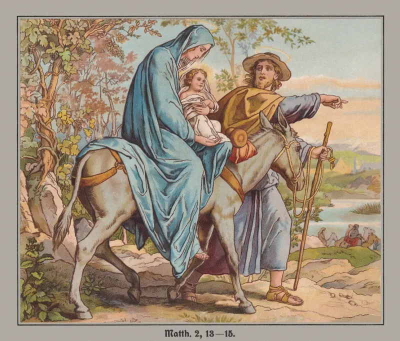 Flight into Egypt (Matthew 2, 13-15), chromolithograph, published c. 1880, Holy Family in Egypt