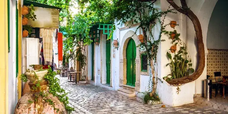 Una de las calles más bellas de la medina de Mahdia, Túnez.