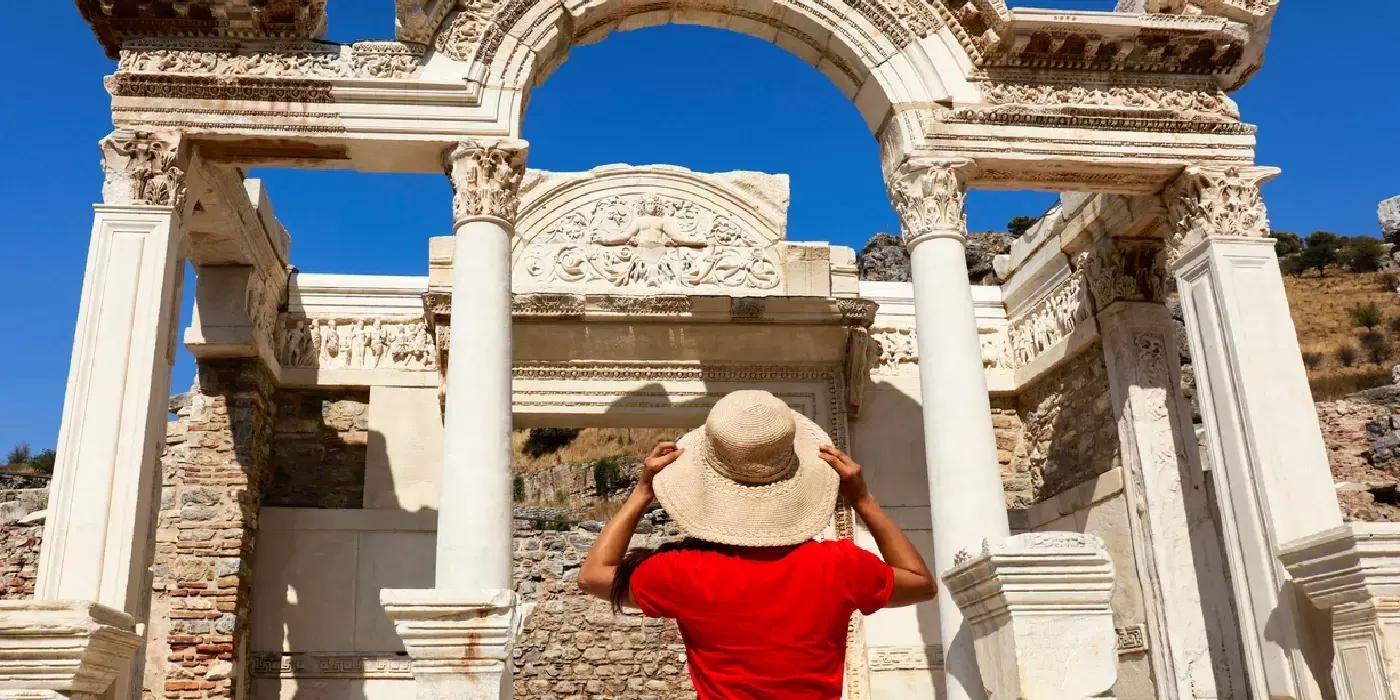 Female Tourist at Ephesus, ancient cities in Turkey.