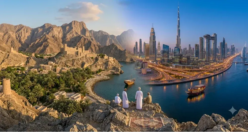 Vista panoramica divisa tra i monti e i forti storici dell'Oman e lo skyline moderno di Dubai.